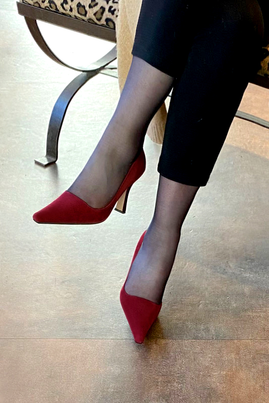 Burgundy red women's dress pumps,with a square neckline. Pointed toe. Very high spool heels. Worn view - Florence KOOIJMAN